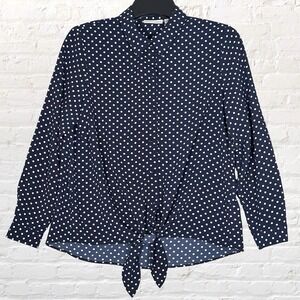 Susan Graver Polka Dot Button Up Blouse Size 8 Navy Blue White Tie Front Office‎